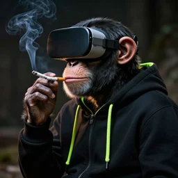 ! dream a portrait of a chimpanzee wearing a black hoodie with neon green trims, and wearing vr googles, while smoking a cigarette, hyper realistic, rear lighting, rendered wtih zbrush, ultra - hd, 2 2 megapixels, night light, shot with 7 0 mm dslr camera