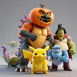 pumpkin godzilla yoda donkey kong pikachu yeti shrek super robot homer groot waluigi darth vader mike wazowski, highly detailed, extremely high quality, hd, 4 k, 8 k, professional photographer, 4 0 mp, lifelike, top - rated, award winning, cinematic, realistic, detailed lighting, detailed shadows, sharp, no blur, edited, corrected, trending