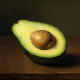 classical panting single avocado on dark wooden table rembrandt baroque painting one avocado on table
