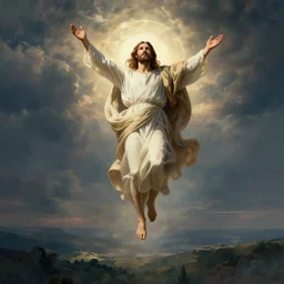 Jesus ascending into heaven, beautiful landscape, dramatic lighting, cinematic, establishing shot, extremly high detail, cinematic lighting, post processed, concept art, artstation, matte painting, style by Michelangelo