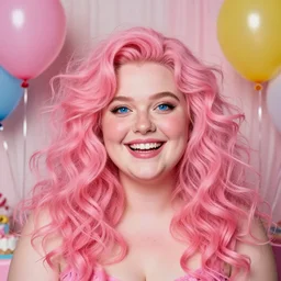 dslr 8 5 mm professional portrait of a white young adult woman, chubby, round and soft features, freckles, pink undertones, round blue eyes, wild long thick pink curls, joyful smile, jubilant, party themed, very joyful and happy vibes, 3 b curls, balloons and party supplies, portrait by annie leibowitz
