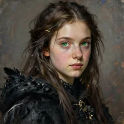 : : green eyes : : portrait painting of a length hair wearing a tattered black cloak with feathers and a coat, sharp focus, award - winning, trending on artstation, masterpiece, highly detailed, intricate. art by rebecca guay
