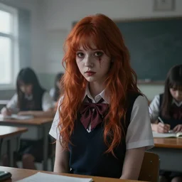 school girl with red hair on the classroom, gloomy and foggy atmosphere, octane render, cgsociety, artstation trending, horror scene, highly detailded