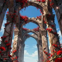 broken arches leading to the pillars of eternity draped with red flowers and vines, blue sky, lens flare, a sense of mystery, cinematic, ultra detailed, intricate, sharp focus, trending on artstation, 8K, comic artwork cover by James Jean