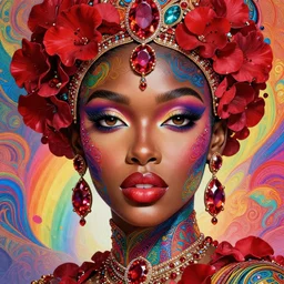 studio portrait absurdly beautiful, elegant, lovely, young hypercolorful sensual african idol rubies red petals gems, ultrafine hyperrealistic detailed face illustration by kim jung gi, irakli nadar, intricate linework, sharp focus, bright colors, matte, octopath traveler, final fantasy, unreal engine highly rendered, global illumination, radiant light, intricate rainbow environment