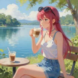 kunkka enjoying coffee near crystal maiden, wearing summer clothing, near a beautiful lake. pixiv, masterpiece, wlop, oil painting, ranked on artstation