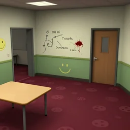 oh hi, the level's floor is colored maroon and has a playground pattern, i have seen a table with a macintosh and the walls have a funtime pattern and saw a smiler, and he was not friendly but smelled terrible.. this level smells like fart, i saw 5 objects : writing on the wall, wires, blood on the wall, writing on the wall and writing on the wall, the doors on this level are office door, this level looks like a city and i have seen an exit door and now im in the front rooms. - n 9
