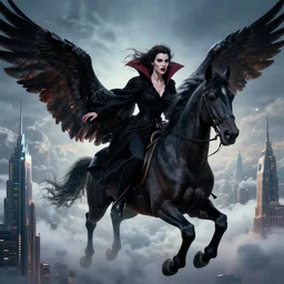 hyperrealistic portrait of a woman as a vampire witch in a black coat flying on the back of a horse as a dark swan with long feather wings above the clouds among the tips of sci - fi skyscrapers. by jeremy mann and alphonse mucha, fantasy art, photo realistic, dynamic lighting, artstation, poster, volumetric lighting, very detailed faces, 4 k, award winning
