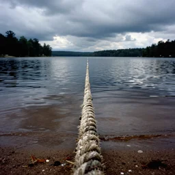 centered photograph of a single line of thick rope floating on the surface stretching out to the center of the lake, a dark lake sandy shore on a cloudy day, color film, beach trees in the background, hyper - detailed kodak color film photo, anamorphic lens