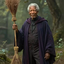 elegant fantasy wizard based on morgan freeman holding a broom natural lighting, path traced, highly detailed, high quality, digital painting, by don bluth and ross tran and studio ghibli and alphonse mucha, artgerm