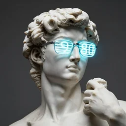 an ultradetailed marble sculpture of the statue of david wearing glowing neon slotted 1 9 8 0 s glasses, masterpiece, 8 k, art by greg rutkowski and albert bierstadt