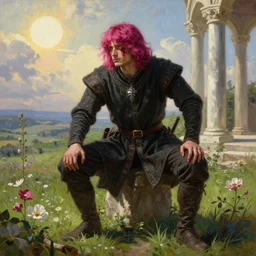 medieval noble male with magenta hair and pink bangs which partly cover his face, full body view, dramatic pose, blood on his face, photorealistic oil painting in medieval style, sun in the sky, bloom, green grassy land and white marble columns in the background