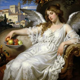 beautiful renaissance painting of a angel woman clothed in white lace linen lounging on a couch holding fruit with a roman town in the background by frank frazetta, charlie bowater, magali villeneuve, j. c. leyendecker, ultra realistic, 4 k,