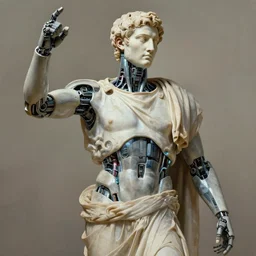 concept art of a greek statue of a ultimate artificial intelligence robot in the form of the statue of caesar augustus by jama jurabaev, brush hard, artstation, panaormic, high quality, brush stroke, soft lighting, renaissance style