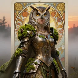 hyperdetailed portrait of beautiful queen's flower moss armored girl owl in the fog. tarot card. by greg rutkowski, highly detailed portrait, digital painting, artstation, concept art, smooth, sharp foccus ilustration, artstation hq. intricate, elegant. art by wlop and artgerm and greg rutkowski and alphonse mucha, masterpiece. medium shot. sunset dramatic