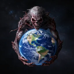 Horrifying creature holding earth in space, view from above,