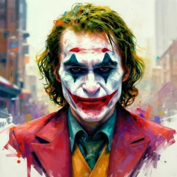 abstract portrait of the joker 2 0 1 9 in gears of war, city in background, beautiful abstract the joker 2 0 1 9, rule of thirds, face symmetry, colorful spray paint splash, expressive, abstract art, by greg rutkowski, jeremy mann, francoise nielly, 4 k, 8 k, correct body proportions, cinematic style, female shape shading