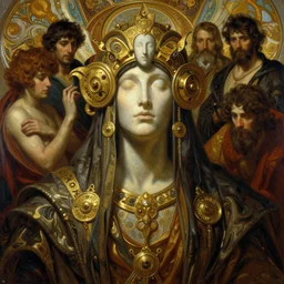 hyper realistic painting of the faceless one, gold ornaments, flowing fabric, intrincate detail, by wayne barlowe, gustav moreau, goward, gaston bussiere and roberto ferri, santiago caruso, and austin osman spare, ( ( ( ( occult art ) ) ) ) bouguereau, alphonse mucha, saturno butto