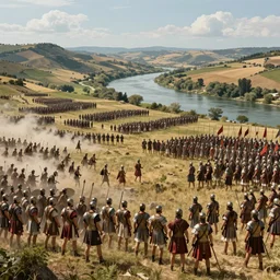 Wide shot of distant battle of Cannae 216 BCE, with republic-era Roman soldiers in formations, Carthaginian phalanxes in formations, overlooking river Aufidius Italy, intricate, elegant, highly detailed, Richard Brooks, Angus McBride, WLOP, artstation