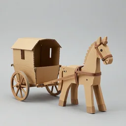 a wooden toy horse pulling a wooden carriage, a surrealist sculpture by beatrix potter, pinterest contest winner, folk art, diorama, made of trash, made of cardboard