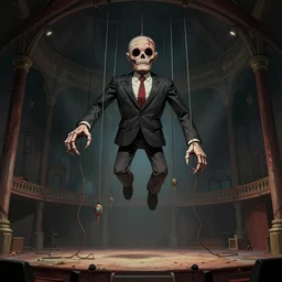 studio illustration of a giant horrifying puppet in a suit and tie being strung to the tall ceiling, suspended above the center stage of a derelict indoor circus, it's body cut off at the torso, with icky wires and phalanges hanging out, dark and ominous illustration by 三 叠 色 size on artstation, detailed, dramatic cinematic lighting.