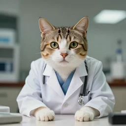 a cinematic cat doctor, front view, ultra realistic, canon, 3 5 mm, bokeh, coherent
