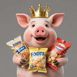 pig wearing a gold crown as a Muppet holding an arm full of different snack bags 8k