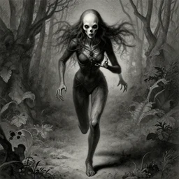 eerie, slenderman running towards camera, very detailed, fantasy, dramatic, intricate, elegant, highly detailed, digital painting, artstation, concept art, smooth, sharp focus, illustration, art by Gustave Dore, octane render