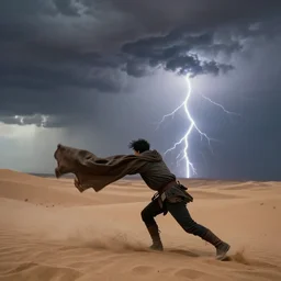 guy with a cape being pushed back by the wind on a desert, thunderstorm, side view, wind, 8 k, ultra detailed, award winning, trending on artstationhd, epic, dramatic, cinematic,,