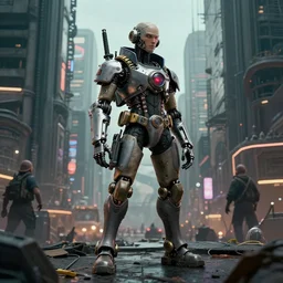 dieselpunk cyberpunk mechanic standing in a busy dystopian brutalist dieselpunk city