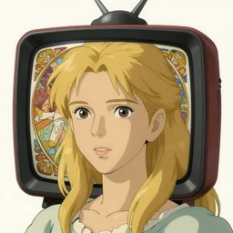 front side view woman blond portrait tv on head, art by studio ghibli and greg rutkowski and artgerm and ilya kuvshinov, portrait, d & d, fantasy, highly detailed, digital painting, headshot, trending on artstation, concept art, sharp focus, illustration art by artgerm and greg rutkowski and alphonse mucha