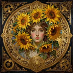 hyper realistic painting portrait of the lady of sunflowers, occult diagram, elaborate details, rococo, baroque, gothic, intrincate ornaments, gold decoration, caligraphy, occult art, illuminated manuscript, oil painting, art noveau, in the style of roberto ferri, gustav moreau, jean delville, bussiere, andrew gonzalez, jim harter