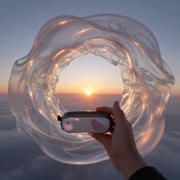 anticrepuscular sunrise atmospheric phenomena in translucent colloid neuomorphic interface, a first - person 8 k view within a floating 3 d vr hand interface by jony ive, in the style of roger dean, intricate photograph in the style of caravaggio and james turrell, 8 k