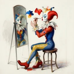 portrait of a morphed harlequin sitting on a stool looking into a mirror doing makeup by james jean and luc tuymans and beeple and hernan bas and pat steir and hilma af klint, psychological, dripping paint, high quality render, masterpiece