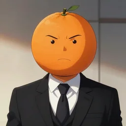 president orange, an anthropomorphic orange in a black business suit. handsome face, cinematic lighting, studio trigger, studio gainax flat colors, heavy lineart