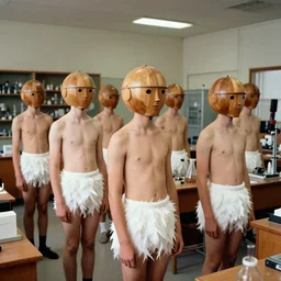 realistic documentary photo of a a group of athletic students wearing white feather shorts, wearing wooden spherical helmets made of wood, standing in a big physics science classroom 1 9 9 0, life magazine reportage photo, neutral colors, neutral lighting
