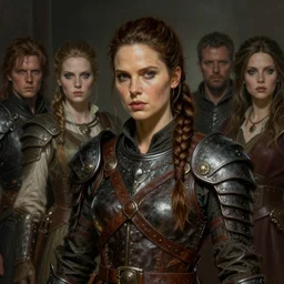 portrait painting of round - faced tan kate beckinsale as rogue with a braided ponytail wearing old leather armor, ultra realistic, concept art, intricate details, eerie, highly detailed, photorealistic, octane render, 8 k, unreal engine. art by artgerm and greg rutkowski and charlie bowater and magali villeneuve and alphonse mucha