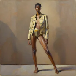 full body portrait, ethnic, realistic face sculpted features, thin and statuesque model, dynamic pose, urban outfit with jacket with rows of buckles, warm glow, bathed in light, chiaroscuro, specular highlights, angular impressionism, global illumination, natural color scheme, earthy tones, modern fashion, contemporary art, oil on canvas