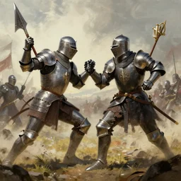 A fierce duel between two knights on a battlefield, by Greg Rutkowski, cinematic