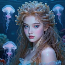 princess of sea anemones, gorgeous, perfect face, detailed anemone hair, jellyfish, artgerm, edouard bisson, translucent skin, portrait, 🌊, 🐠, artstation, ultra realistic, cinematic lighting, painterly