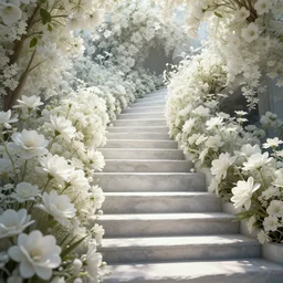 stairways to heaven, white flowers, photorealistic, octane render, intricate detail, volumetric lighting, 8 k, unreal engine