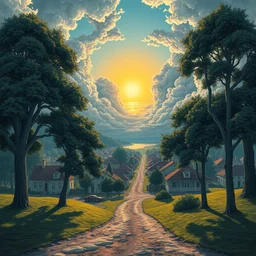 large village, clouds, sun come up, lucid, symetric, dreamistic, fluxication, volumetric lighting, near the beach, big trees by mc escher, colorized by salvador ross gogh