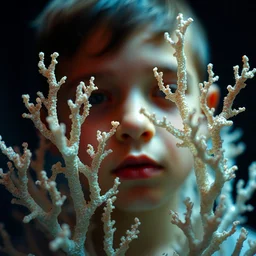 realistic photo of a blurred face of a boy, covered in shriveling dead semi - translucent iridescent coral reef, emitting aura, 1 9 6 0, life magazine photo, natural colors, chromatic aberration, metropolitan museum, kodak, 8 k, very detailed, high resolution, product photo,