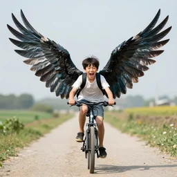 a magpie riding a bike, bold natural colors, national geographic photography, masterpiece, 8 k, raw, unedited, symmetrical balance, boy with giant wings, screaming