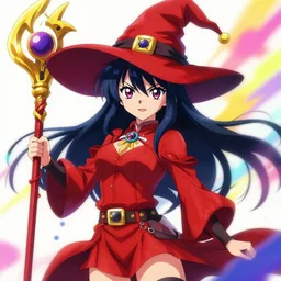 Megumin witch hat red clothes holding staff vibrant colors, trending on pixiv, digital art, anime, trending on artstation