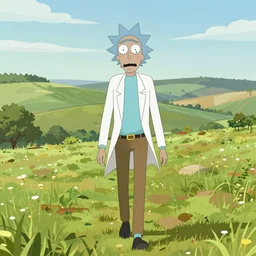 rick sanchez, face to camera walking in a field. france, dordogne, hills, ultra high, face to camera, detail, 8 k, sunset, flowers, trees, river, hills, octane render.
