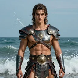 full body portrait of kellan lutz as a gladiator. background splashing ocean. detailed face, concept art, intricate, highly detailed 8 k, smooth, sharp focus, handsome and aesthetic shape of face and body, artgerm, artstation, art by zexi guo and nira and junpei suzuki and gharliera and rinotuna