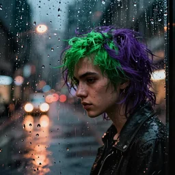 there's so many raindrops on the window that you can barely make out the depressed punk on the other side photographed by Mark Seliger, green and purple hair, nighttime, city light reflections