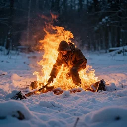 man of fire on a snowy biome slowly melting snows, heatwave, 4 k photoshop, photorealistic, 1 0 0 m, sharp focus, bokeh, movie shot, cinematic perspective, studio shot