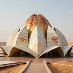 futuristic lotus fractal mandala temple with gold, red and white marble panels, in the desert, by buckminster fuller and syd mead, intricate contemporary architecture, photo journalism, photography, cinematic, national geographic photoshoot